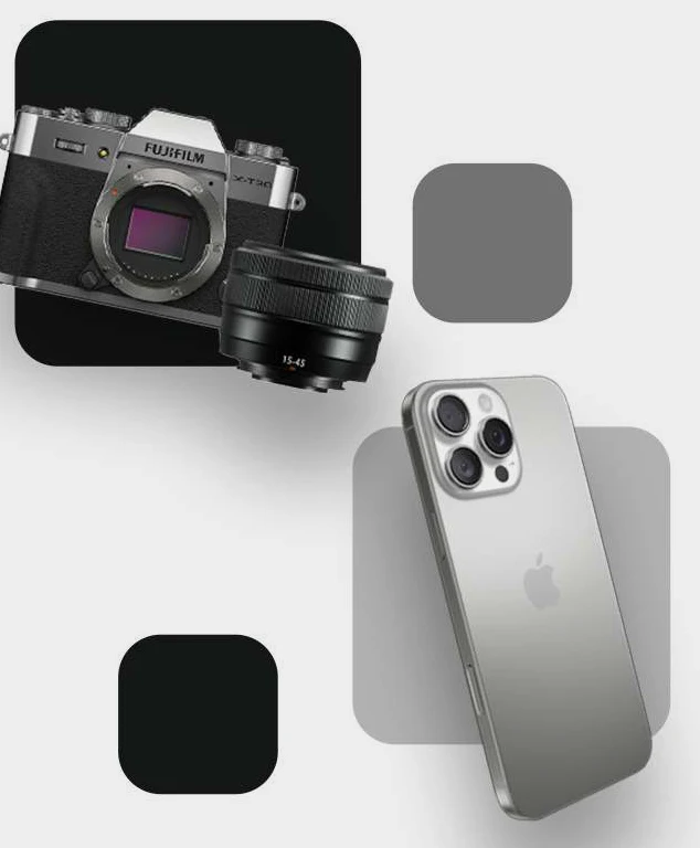 Câmera Fujifilm X-T30 com lente 15-45mm e iPhone usados na produção
